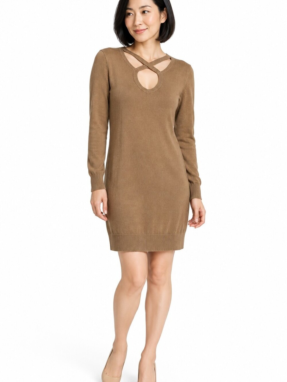 MICHAEL Michael Kors S Dark Camel Criss Cross Keyhole Knit Sweater Dress